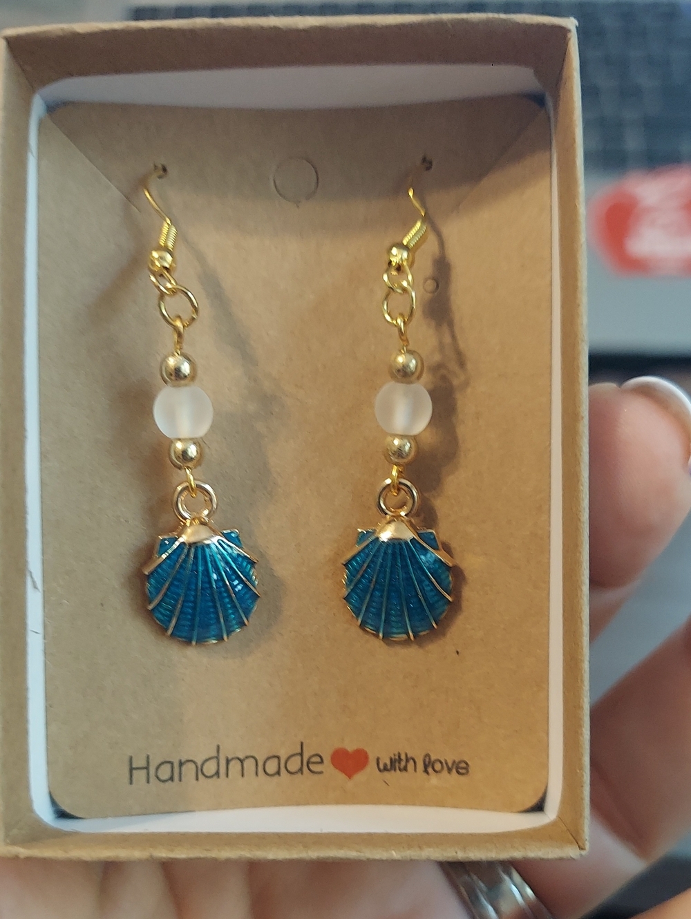 Handmade Blue Shell Dangle Earrings - Gold Accents